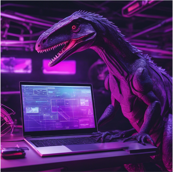 Pink and grey toned picture with a dinosaur flexing its teeth at a latop showing schematics on the screen.